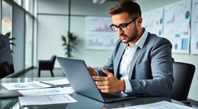 Financial analyst reviewing market trends in a modern office.