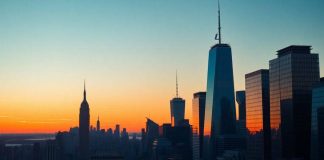 New York City skyline at sunset with iconic buildings.