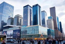 City skyline with financial buildings and busy streets.