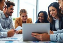 Diverse professionals collaborating in a modern financial office.