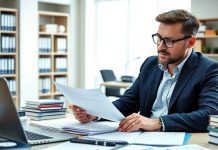 Investor examining financial documents in a bright office.