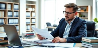 Investor examining financial documents in a bright office.