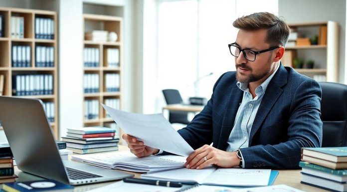 Investor examining financial documents in a bright office.