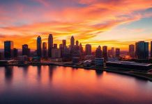 Dallas skyline at sunset with modern buildings and reflections.