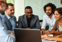 Group of investors discussing strategies around a table.