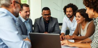 Group of investors discussing strategies around a table.