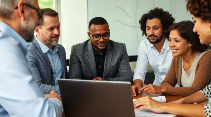 Group of investors discussing strategies around a table.