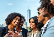 Diverse professionals discussing finance concepts in an urban setting.