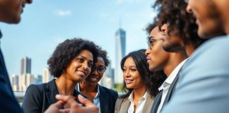 Diverse professionals discussing finance concepts in an urban setting.