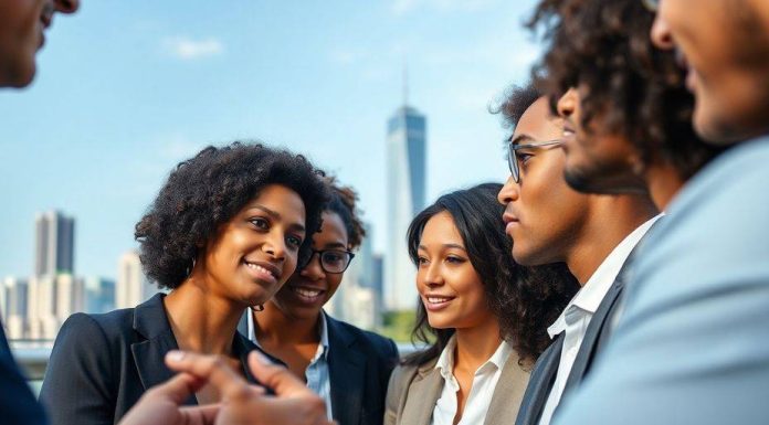 Diverse professionals discussing finance concepts in an urban setting.