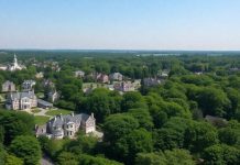 Aerial view of Greenwich CT, showcasing upscale neighborhoods.