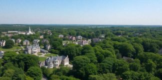 Aerial view of Greenwich CT, showcasing upscale neighborhoods.