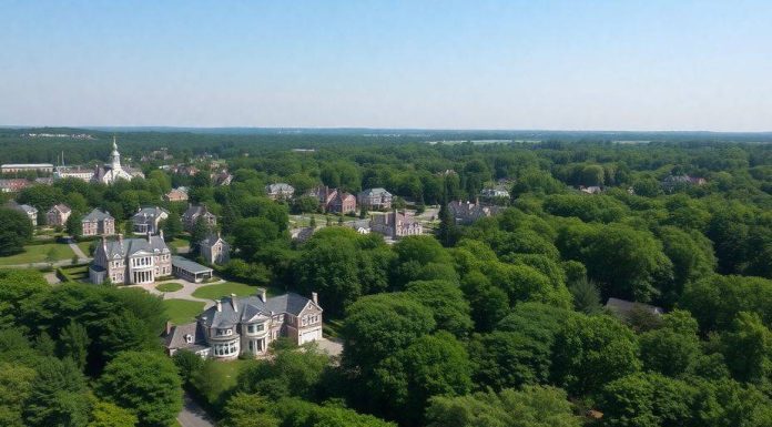 Aerial view of Greenwich CT, showcasing upscale neighborhoods.