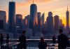 City skyline and office scene in a financial setting.