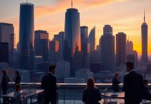 City skyline and office scene in a financial setting.