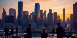 City skyline and office scene in a financial setting.