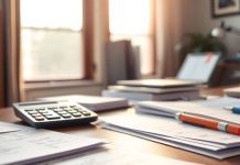 Office workspace with financial planning materials and calculator.