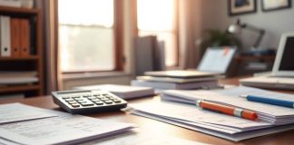 Office workspace with financial planning materials and calculator.